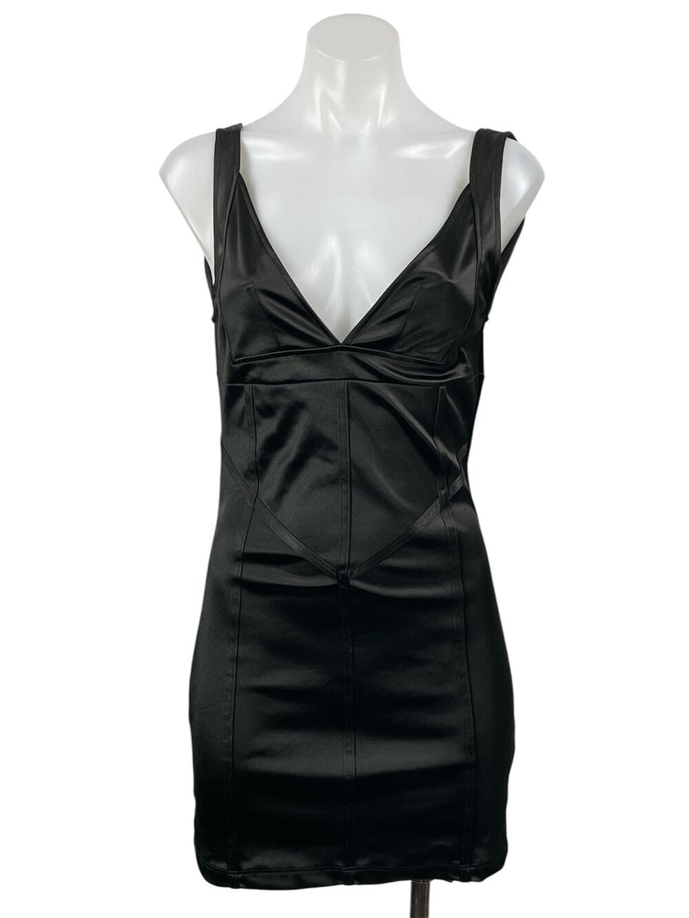 NEW Motel Black Satin Sleeveless Open Back Plunge V-neck Mini Bodycon Dress Sz M